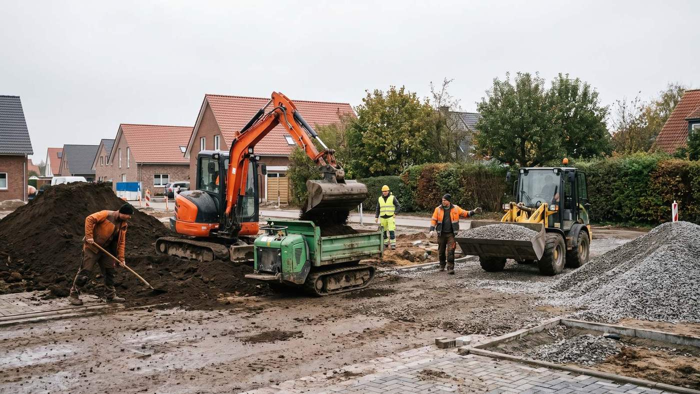 Minibagger belädt einen Kettendumper mit Aushub auf einer Gartenbaustelle, im Hintergrund ein Kompaktradlader mit Palette Pflastersteine