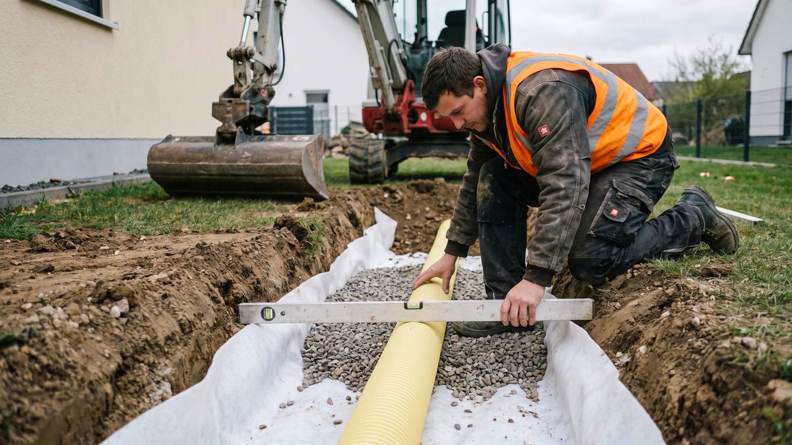 Offener Drainagegraben im Garten mit Filtervlies, Kiesbett und gelbem Dränrohr, im Hintergrund ein Minibagger