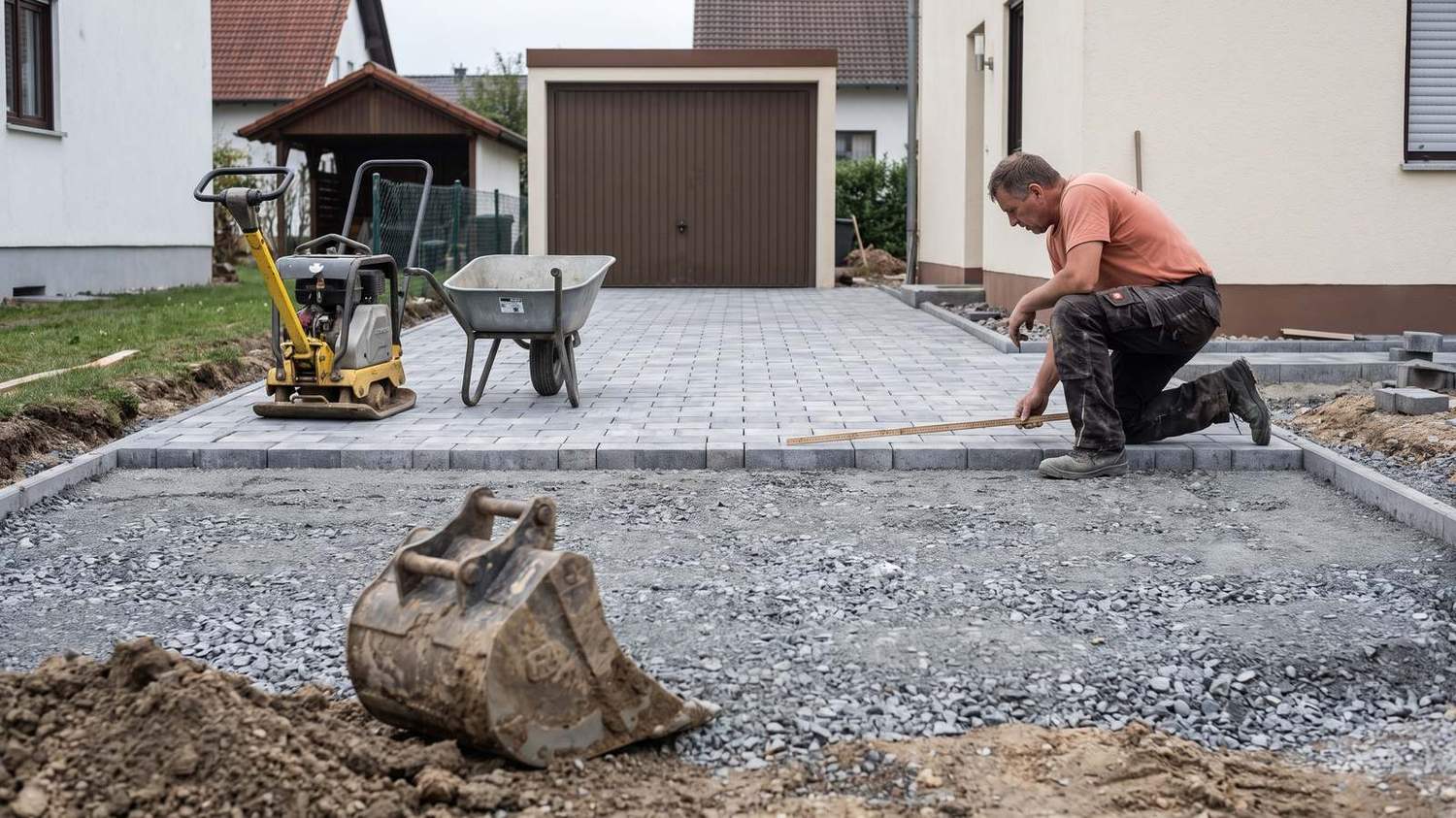 Frisch gepflasterte Garageneinfahrt aus grauem Betonpflaster mit Tiefbordsteinen, daneben Aushub und Schotterhaufen